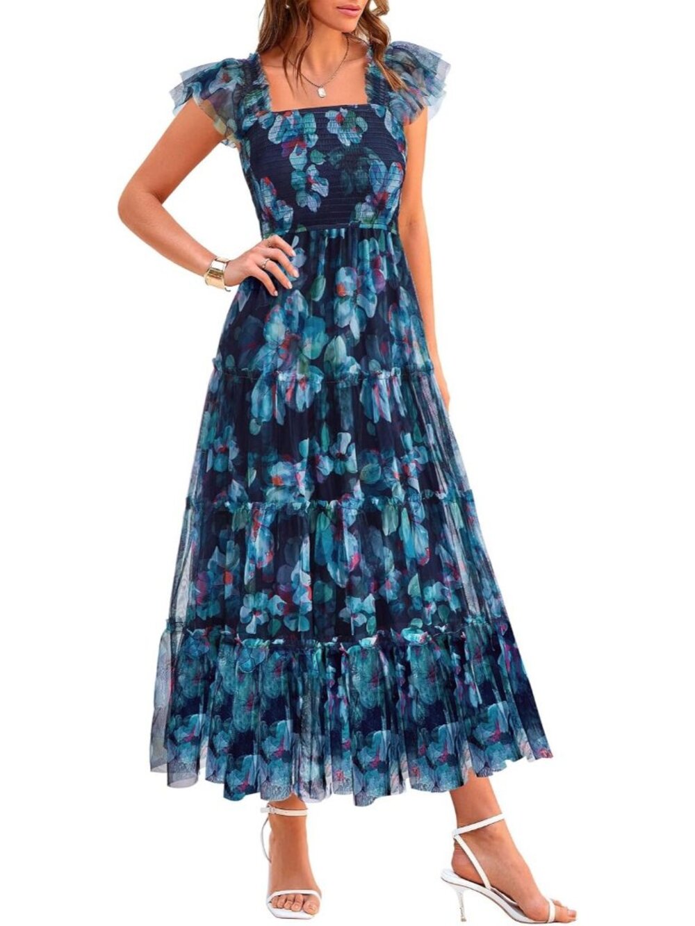 Women's Floral Navy Blue Summer Smocked Sleeveless Square Neck A Line Midi